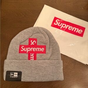 Supreme Red and Gray Logo Beanie